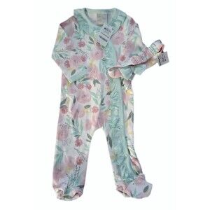 NWT First Impressions 2pc Green/Pink Floral Print Infant Sleeper + Hea sz 3-6M